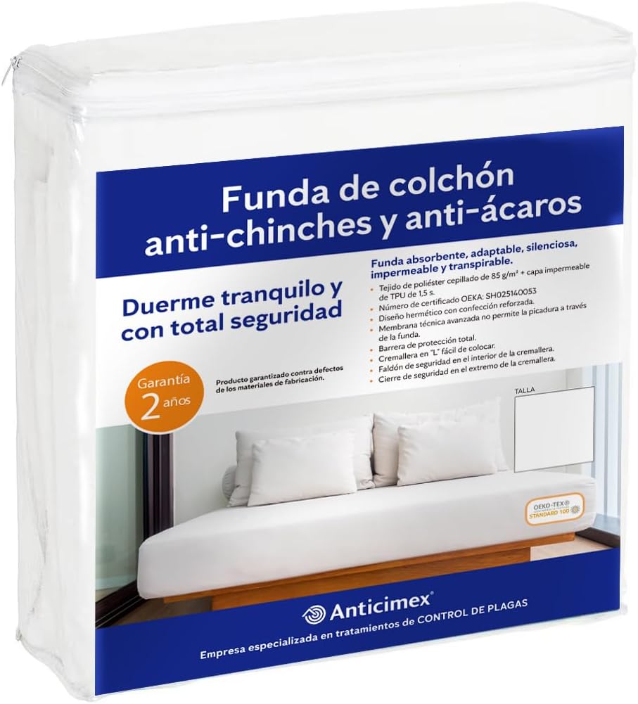 Anticimex Funda Colchón Anti Chinches | Protector Colchón Impermeable y Antiácaros Profesional | Cierre Hermético con Bloqueo de Seguridad | Confinamiento Total 6 Lados | Transpirable