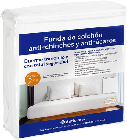Anticimex Funda Colchón Anti Chinches | Protector Colchón Impermeable y Antiácaros Profesional | Cierre Hermético con Bloqueo de Seguridad | Confinamiento Total 6 Lados | Transpirable