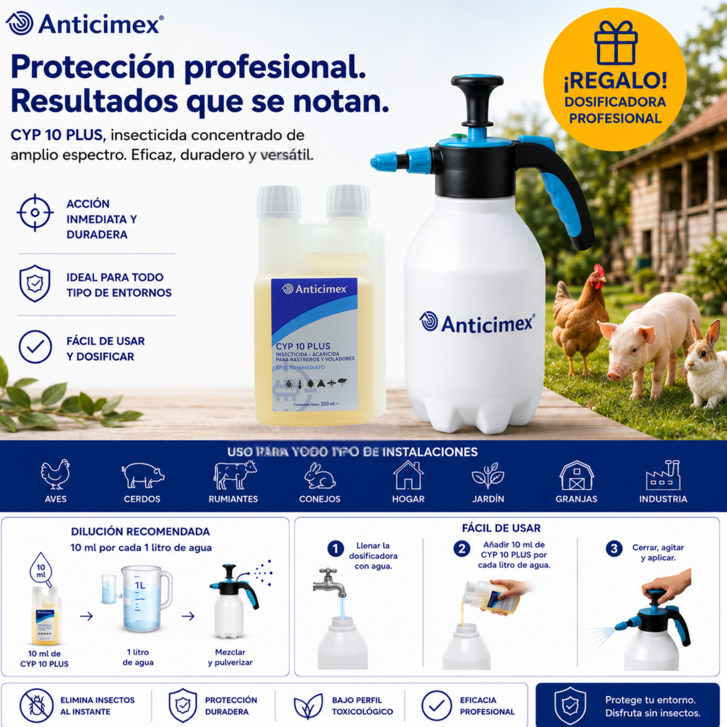 Anticimex Insecticida Concentrado CIPERGEN 9,3% + Dosificador de Precisión Anticimex | Cucarachas, Mosquitos, Hormigas, Ácaros, Moscas | Alta Eficacia Efecto Inmediato 250 ml | Rastreros y Voladores