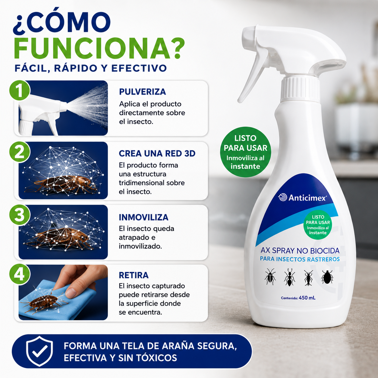 ANTICIMEX Spray Insecticida Natural Mata Cucarachas 450ml - Sostenible | Apto para Mascotas y Niños, Spray de Acción Inmediata, Mata Hormigas, Mosquitos, Arañas, Chinches, Pulgas, Uso Alimentario