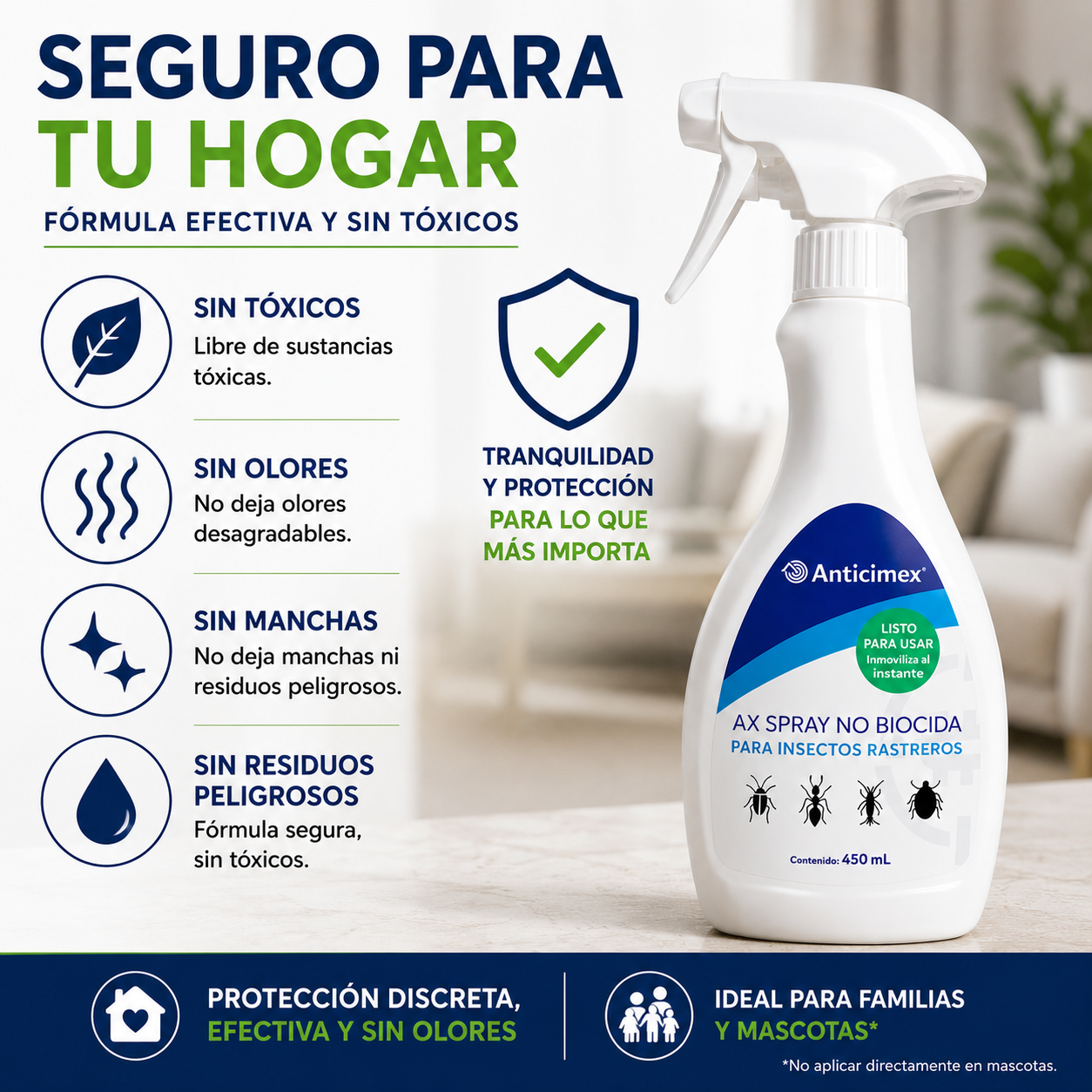 ANTICIMEX Spray Insecticida Natural Mata Cucarachas 450ml - Sostenible | Apto para Mascotas y Niños, Spray de Acción Inmediata, Mata Hormigas, Mosquitos, Arañas, Chinches, Pulgas, Uso Alimentario
