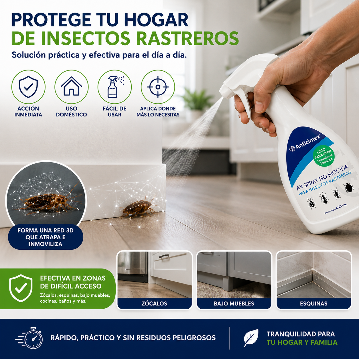 ANTICIMEX Spray Insecticida Natural Mata Cucarachas 450ml - Sostenible | Apto para Mascotas y Niños, Spray de Acción Inmediata, Mata Hormigas, Mosquitos, Arañas, Chinches, Pulgas, Uso Alimentario